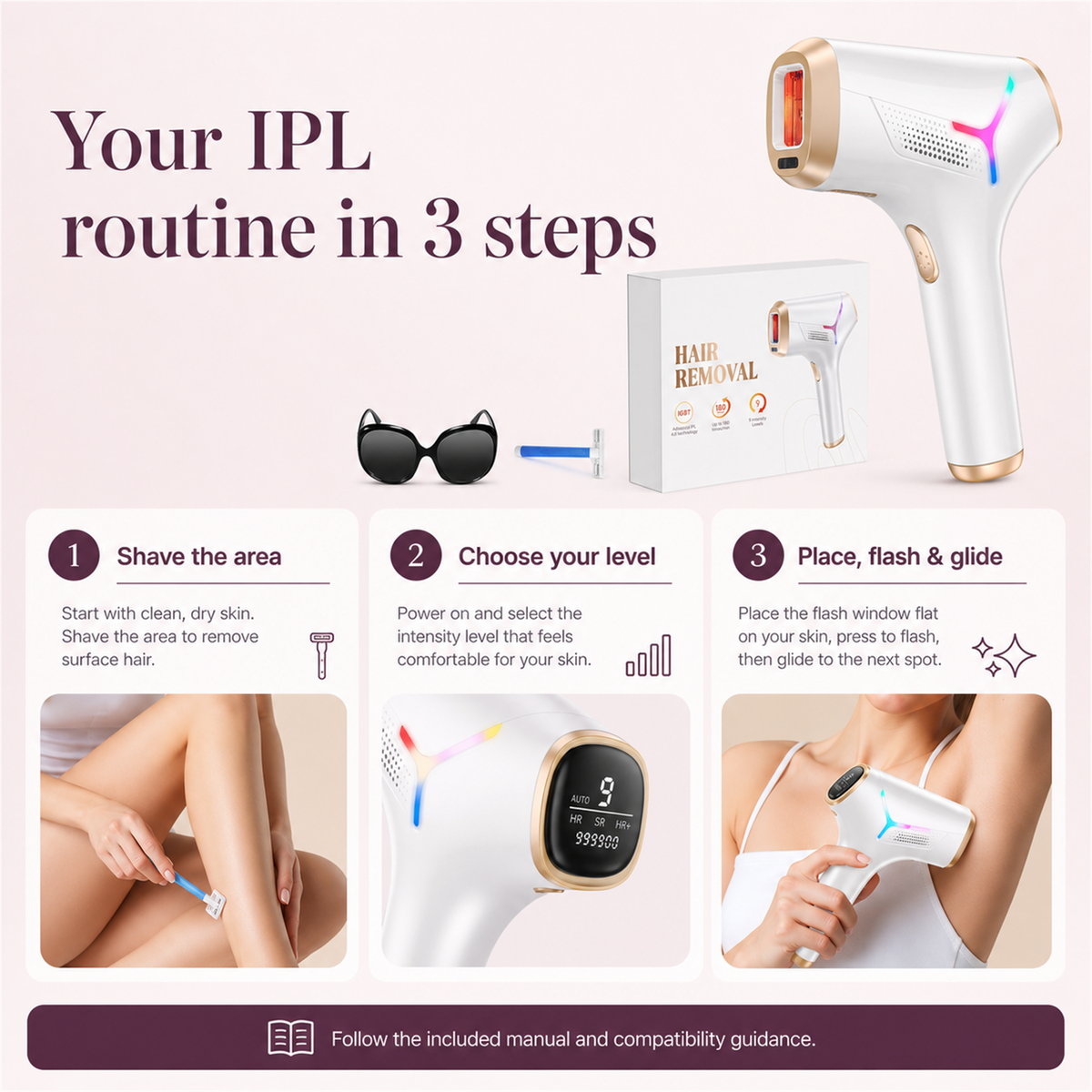 VELORATECH IPL handset — the three-step at-home routine