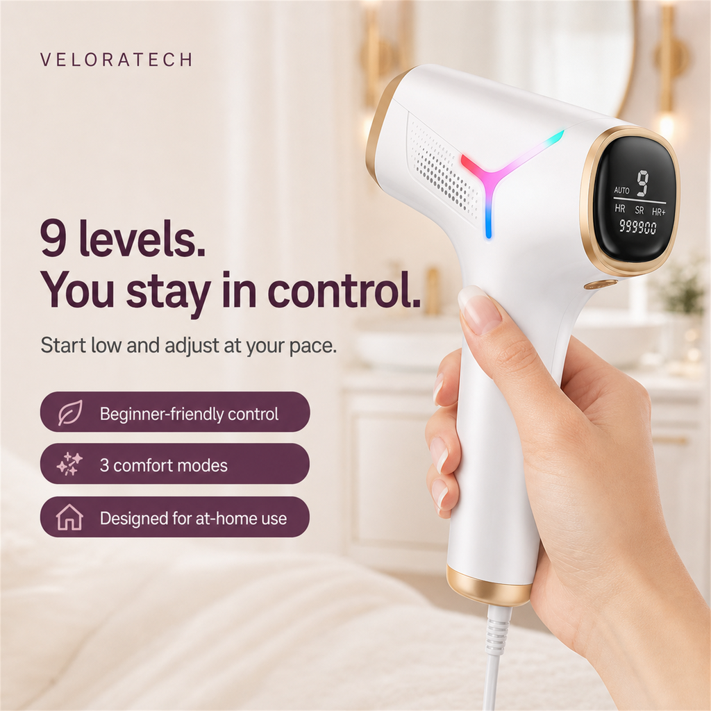 VELORATECH IPL handset — nine intensity levels you control
